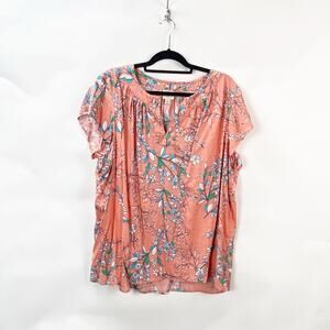 St. John's Bay XXL 2X Plus Womens Orange Floral Tropical Print Short Sleeeve Top